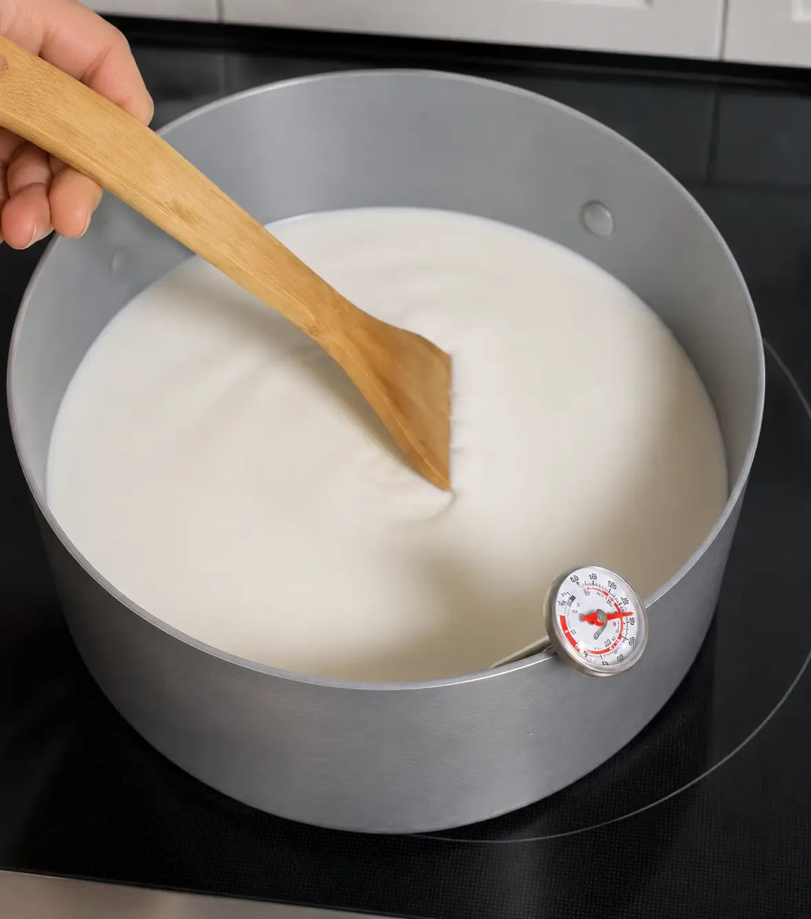 Ricotta milk heating with a thermometer