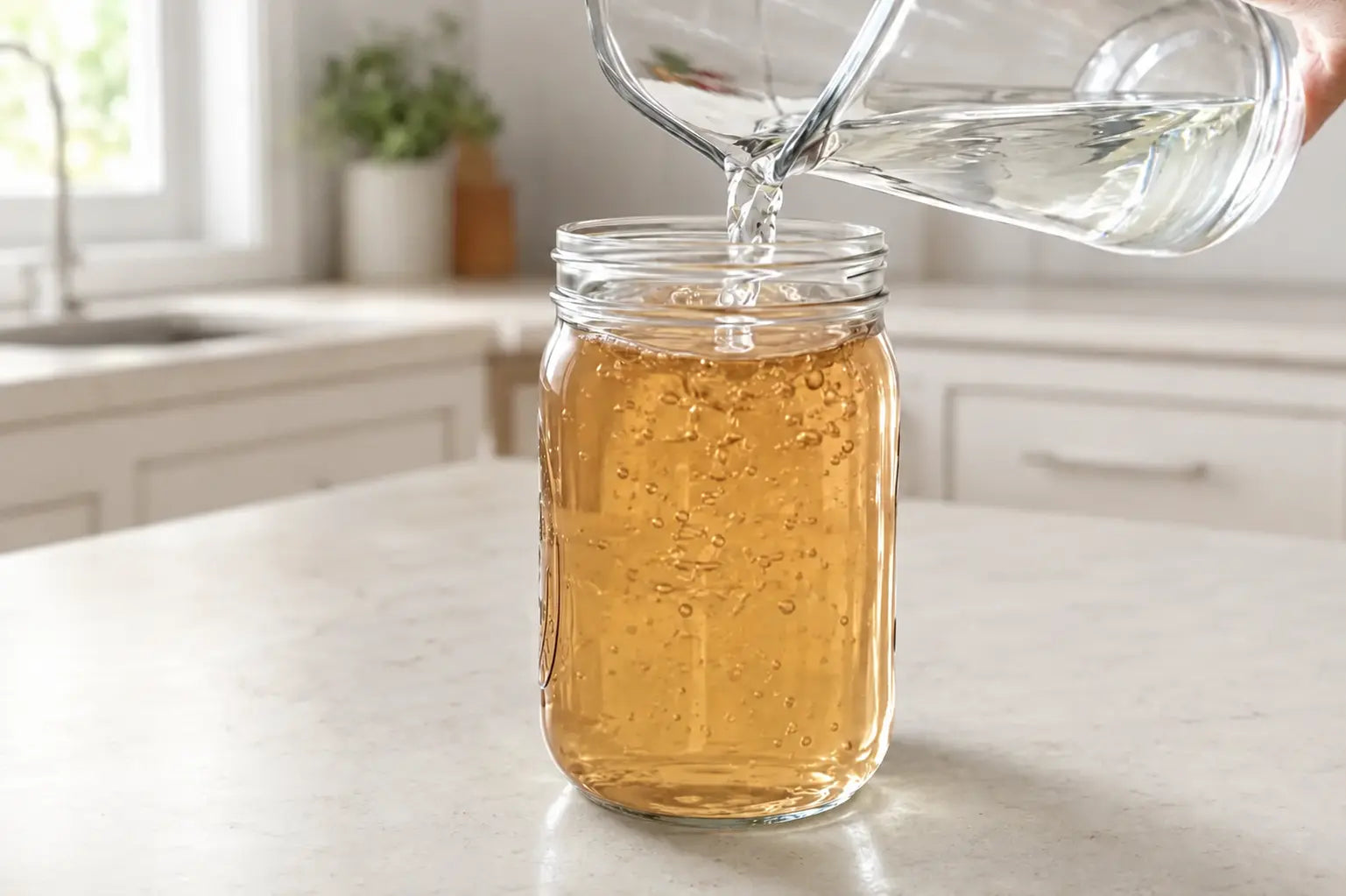 Fresh water being poured into prepared sugar water in a clean one-quart jar