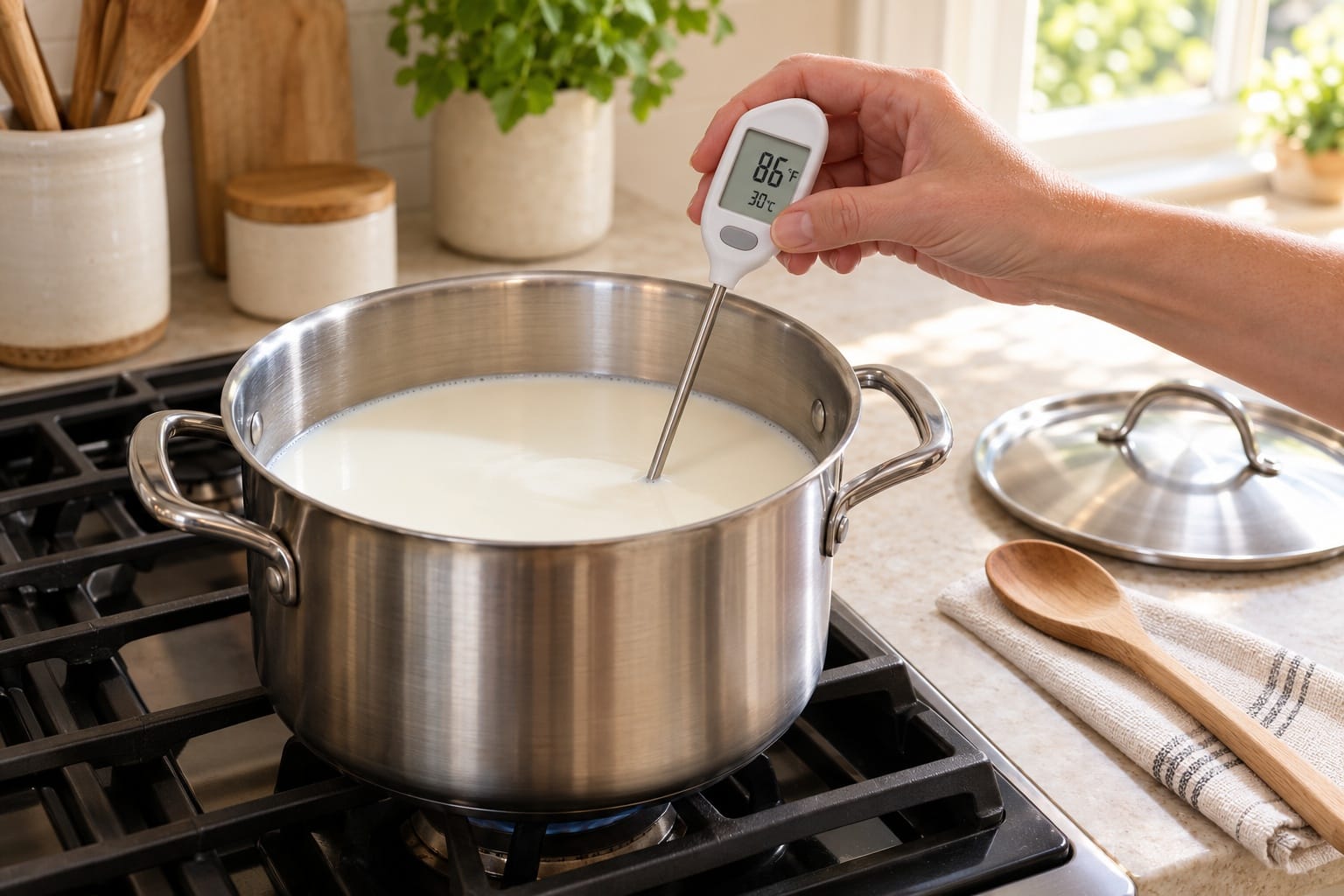 Milk gently warming in a stainless steel pot with a thermometer reading 86°F (30°C)