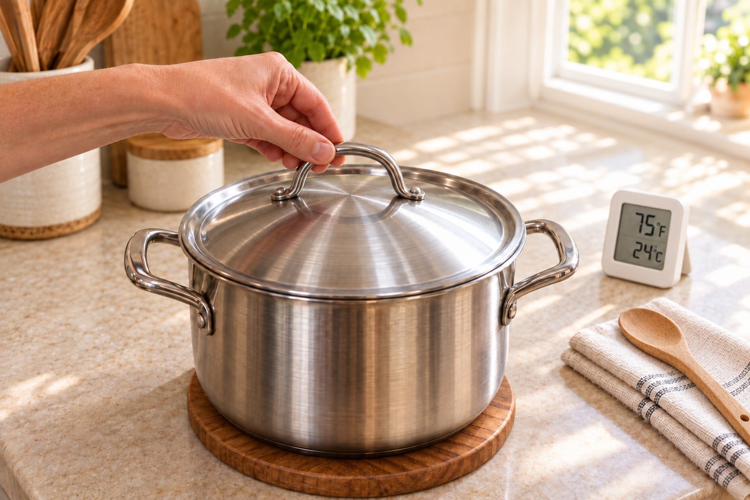 Covered stainless steel pot resting on a trivet in a warm kitchen