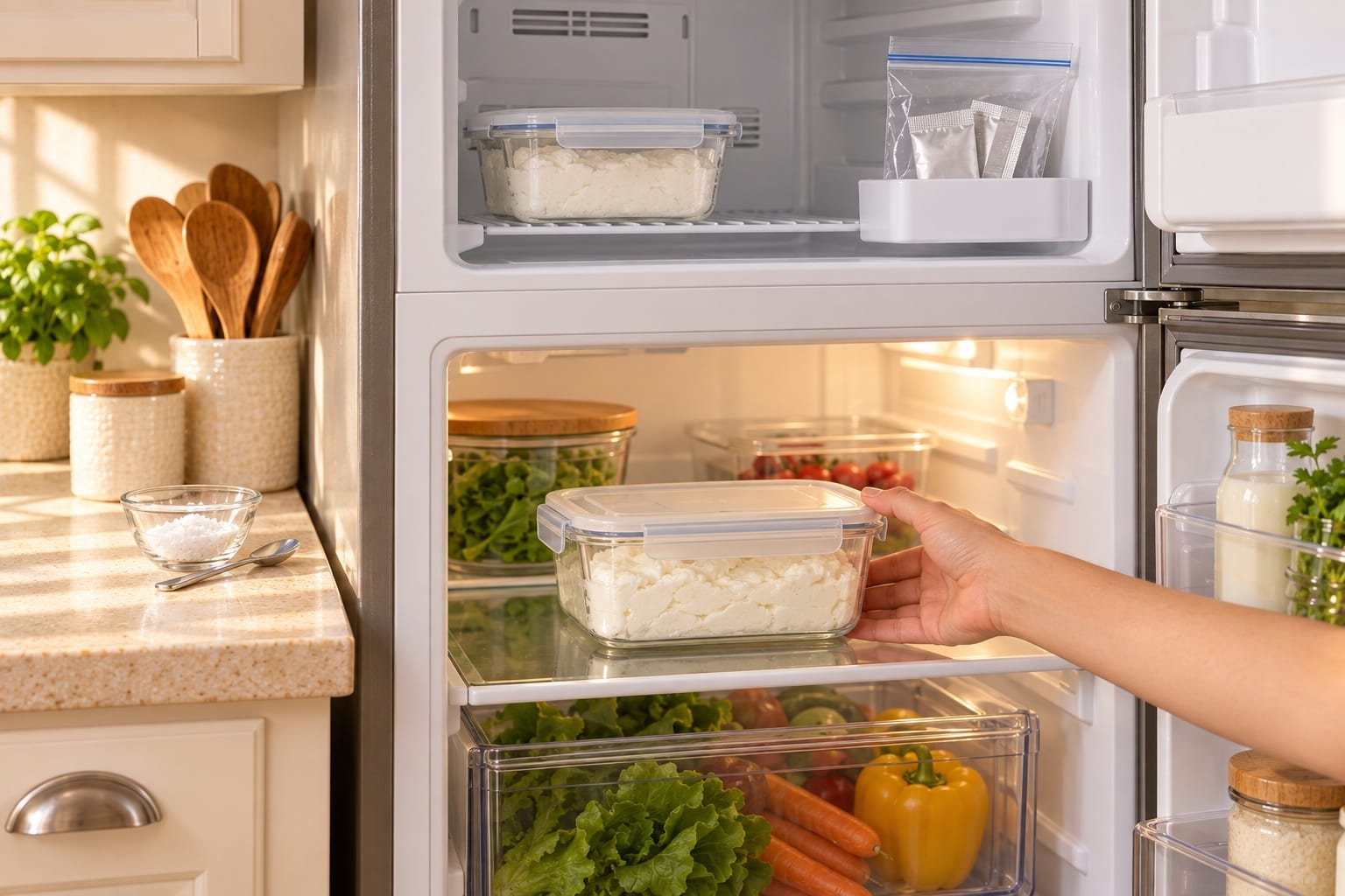Finished chèvre sealed in a refrigerator container with unused starter packets in the freezer
