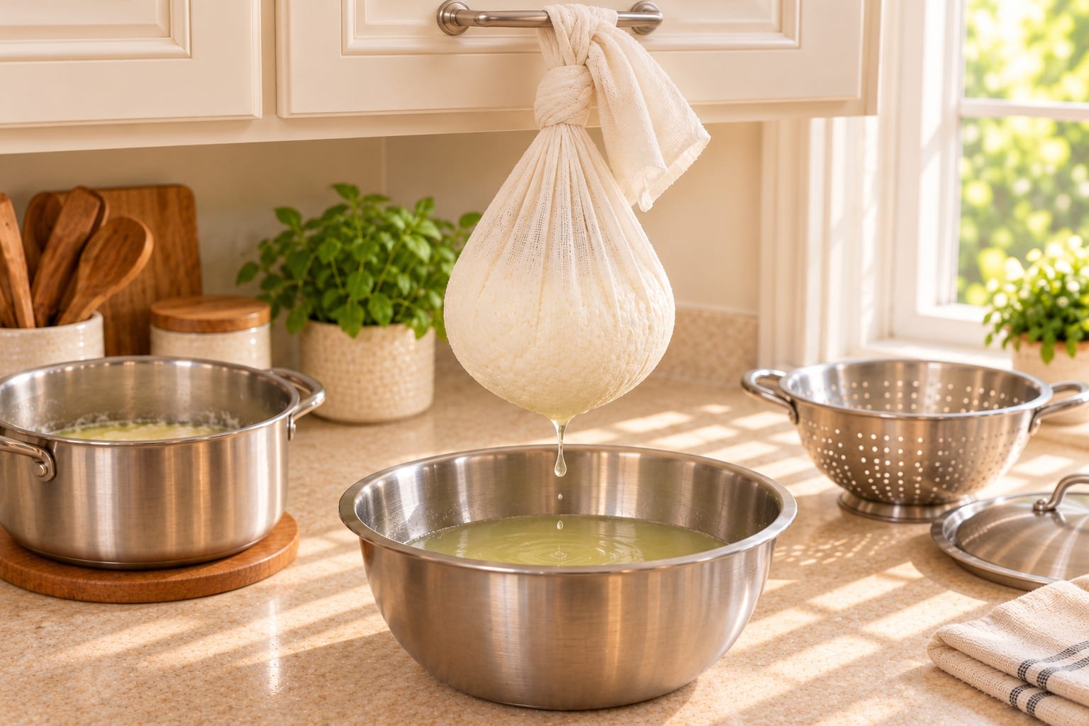 Tied muslin cheese bag hanging above a bowl as whey drains