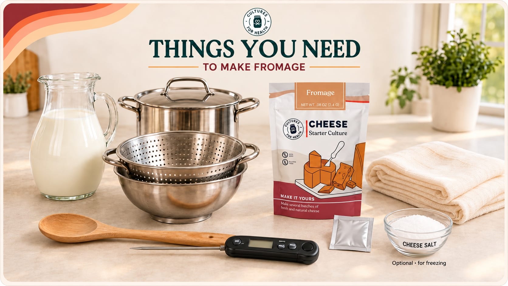 Milk, Fromage Starter Culture, lidded stainless pot, wooden spoon, thermometer, butter muslin, colander and bowl