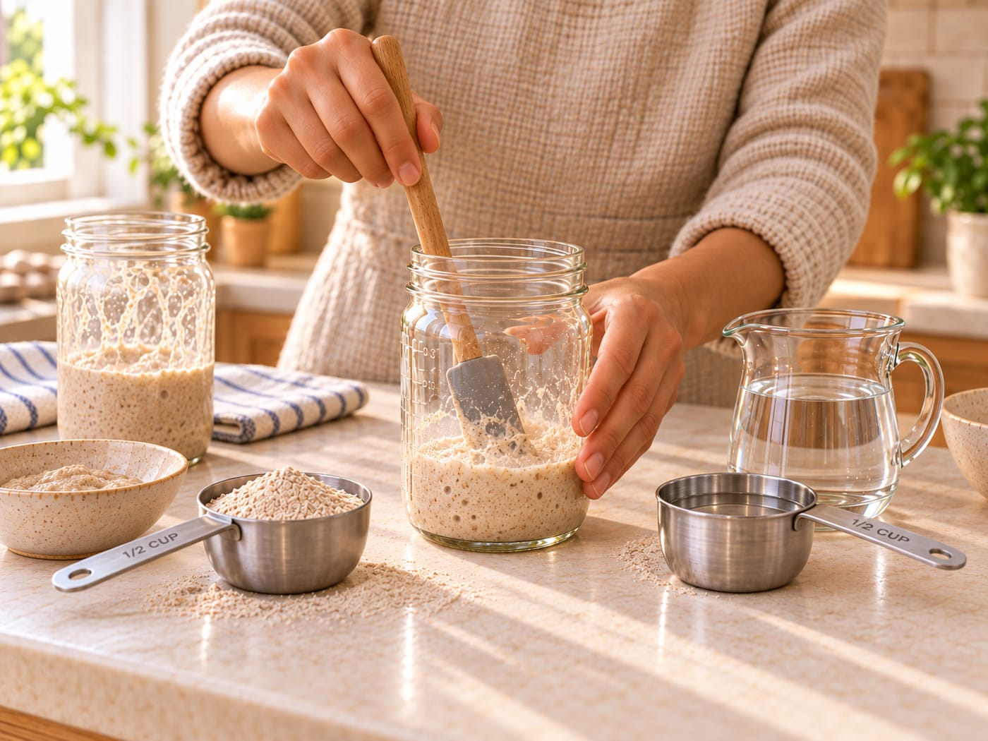 Rye sourdough starter activation step 5: discard, then feed