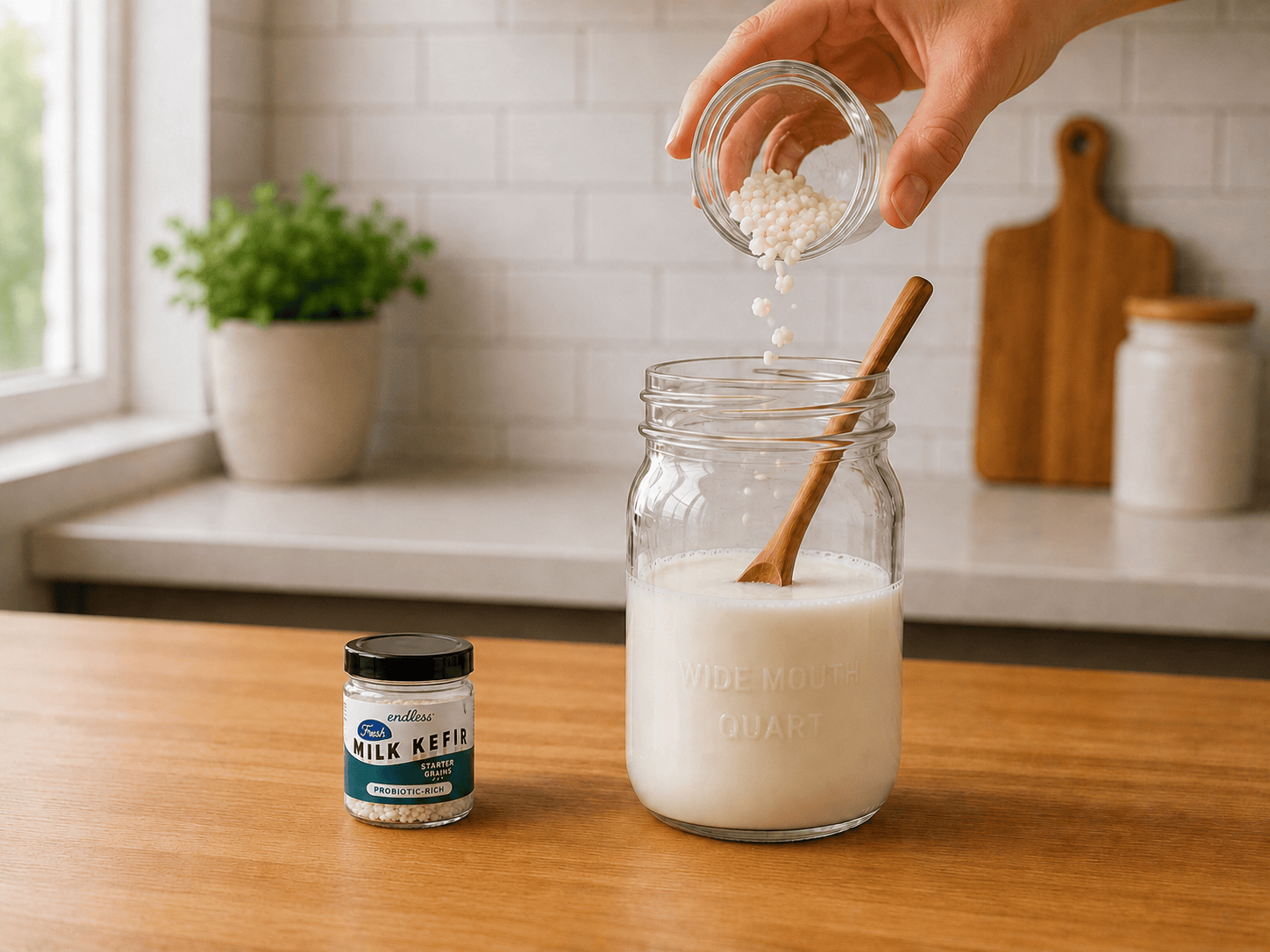 Milk kefir grains being gently stirred into a jar of fresh milk