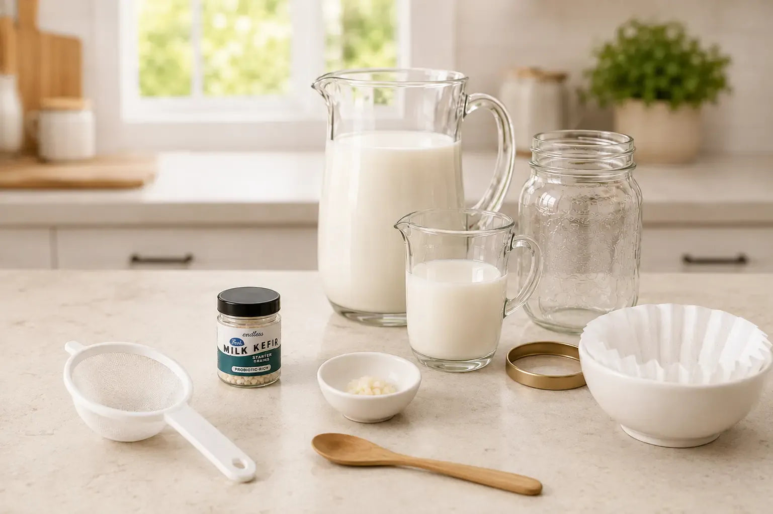 Cultures for Health Endless Milk Kefir Grains jar with the milk, jar, strainer, butter muslin, spoon, and rubber band needed to get started