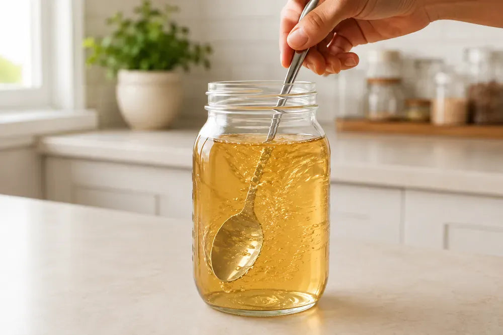 Organic cane sugar being stirred into hot water in a one-quart glass jar