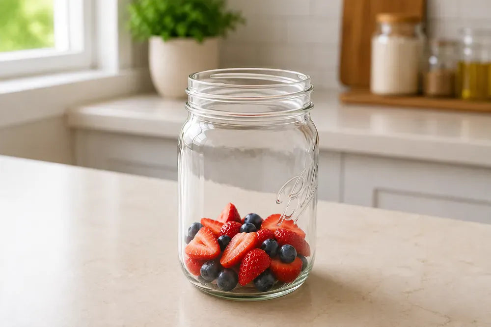 Fresh fruit being added to a clean second quart jar