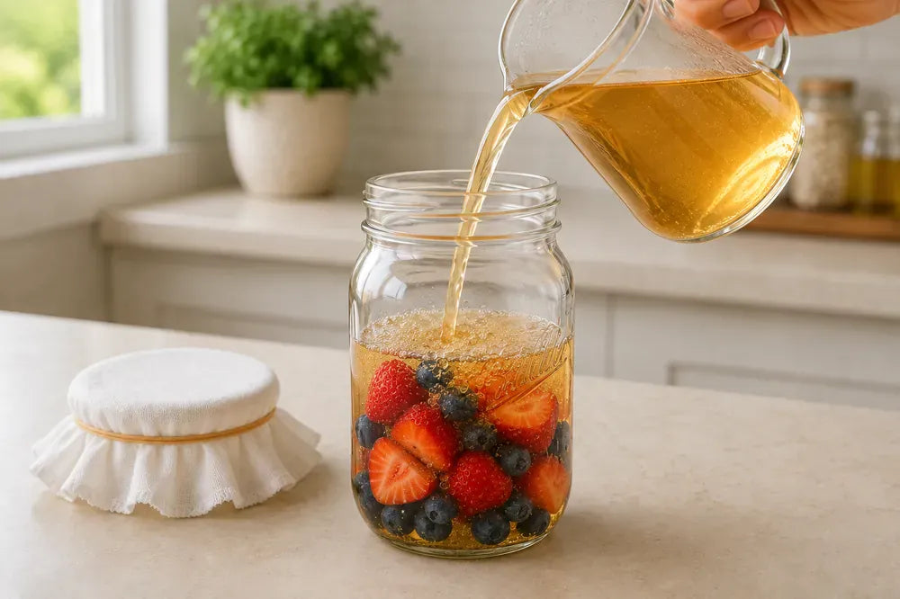 Finished water kefir poured over fresh fruit in a quart jar, covered with cloth and a rubber band