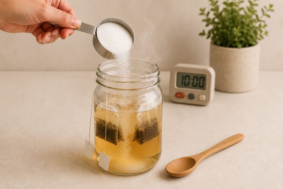 One-quarter cup of sugar being added to steeping tea for kombucha activation