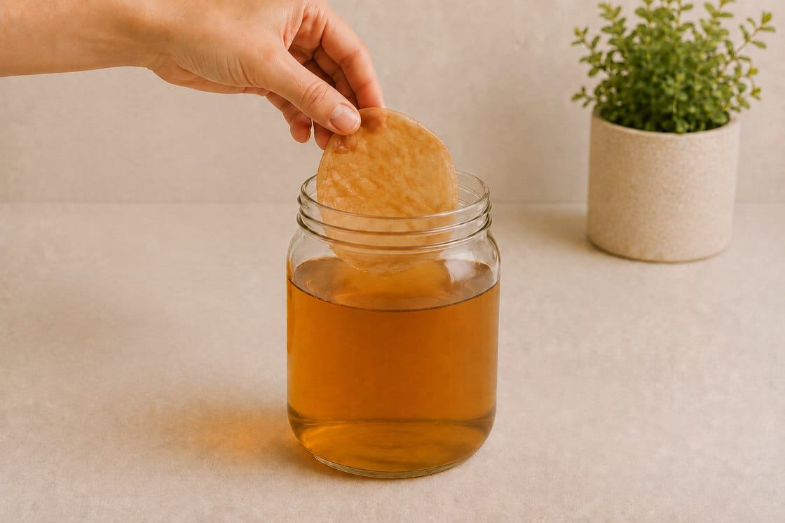 Cultures for Health dehydrated kombucha SCOBY being placed into the sweet tea