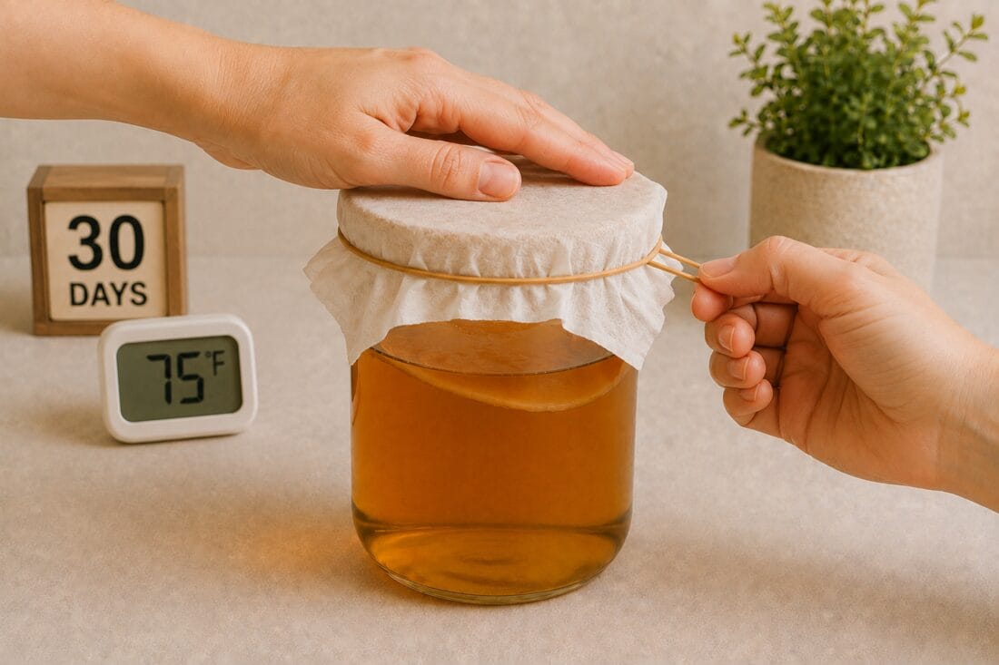 Kombucha activation jar being covered and secured for 30 days at 75 degrees Fahrenheit