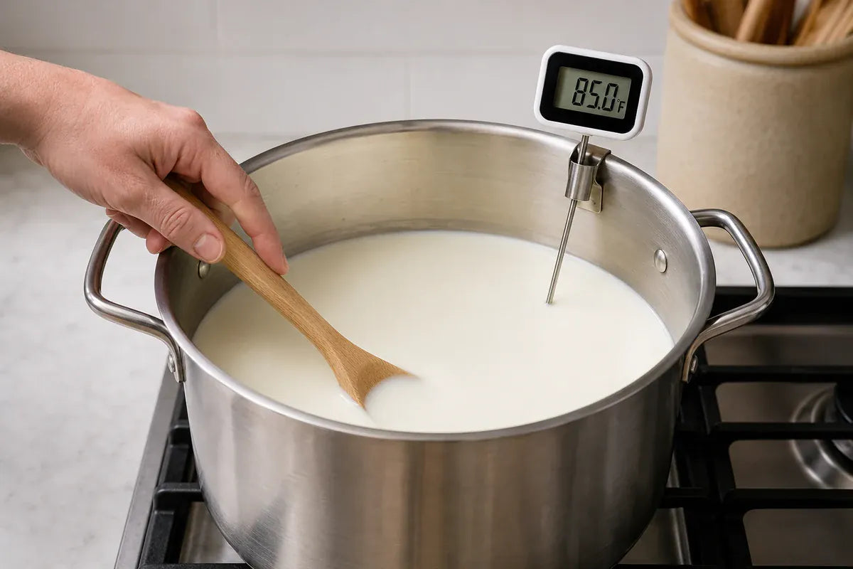 Milk warming in a stainless-steel pot while a thermometer reads 85°F.