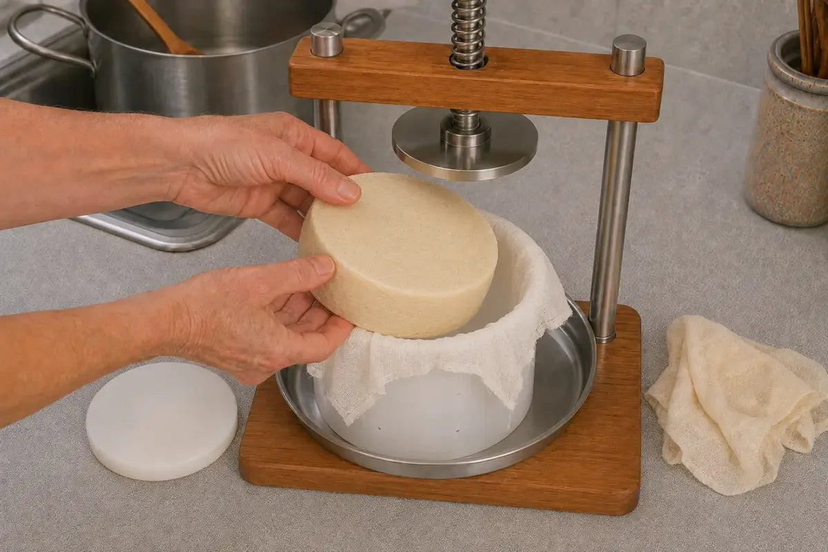 The pressed cheese wheel being flipped and returned to the freshly lined white CFH cheesemaking mold.