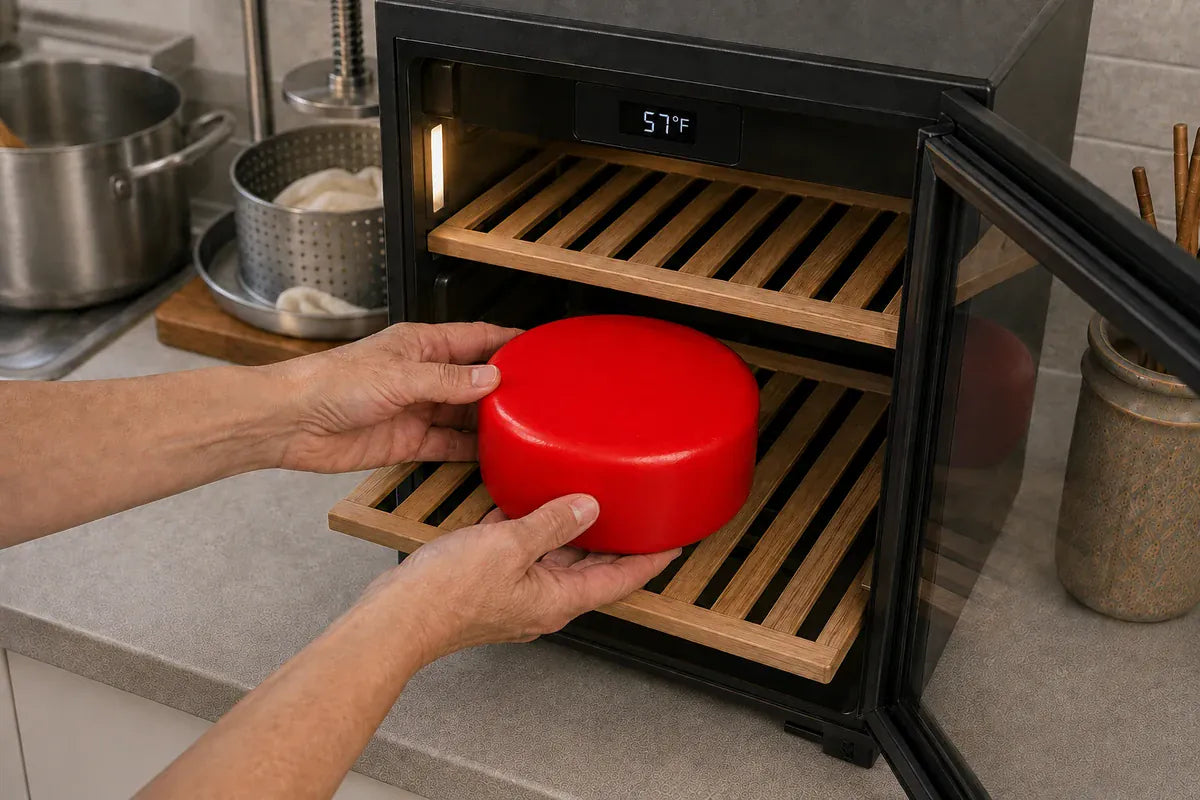 A fully sealed bright red waxed cheese wheel being placed in a 57°F aging cabinet.