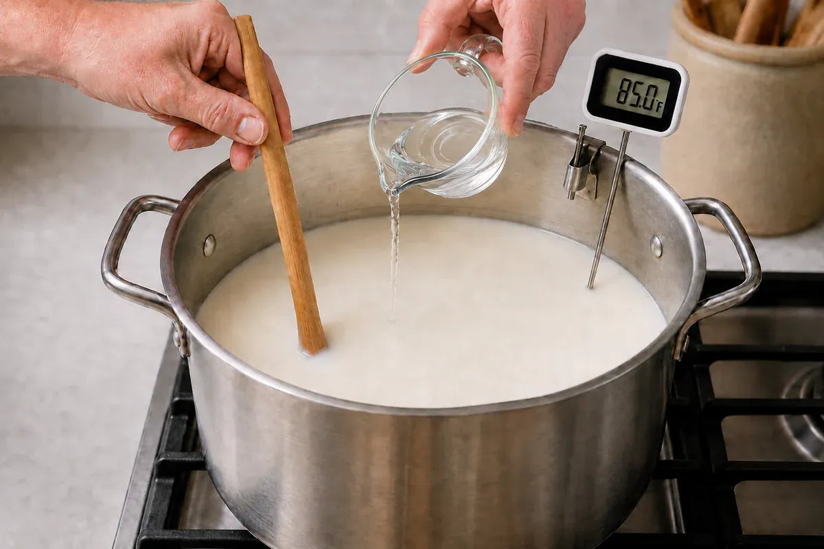Dissolved calcium chloride in a quarter-cup glass measure being added to the milk.