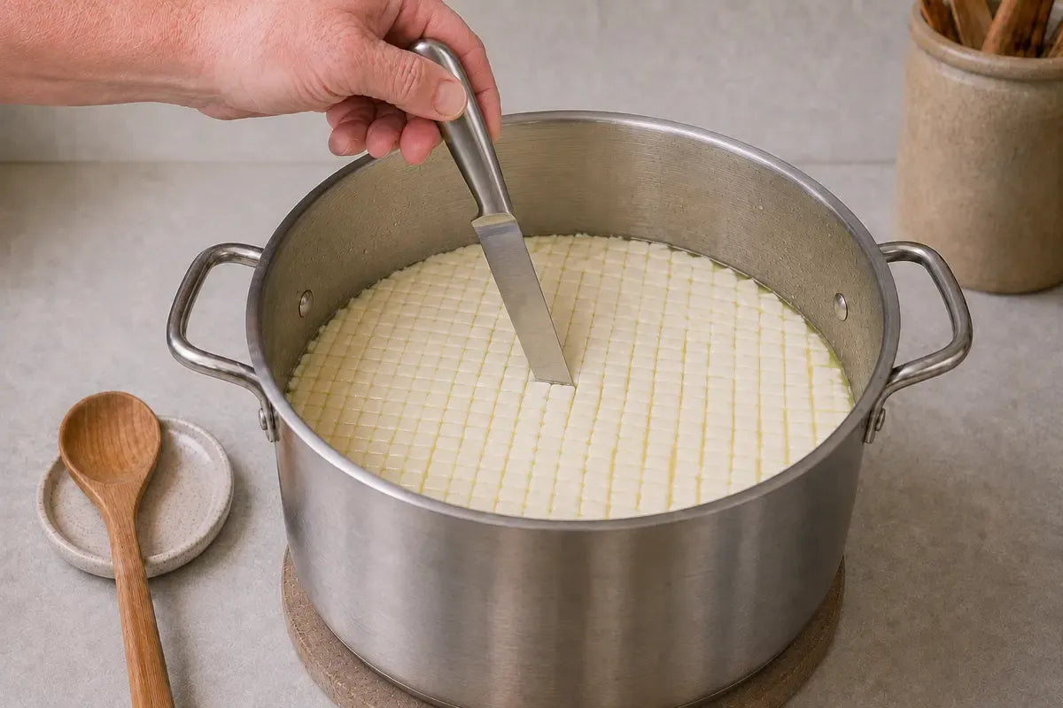 Firm curd being cut into small, even cubes with a long knife.