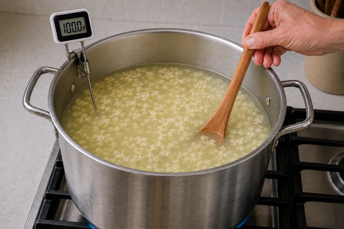 Smaller cooked curds being gently stirred while held at 100°F.