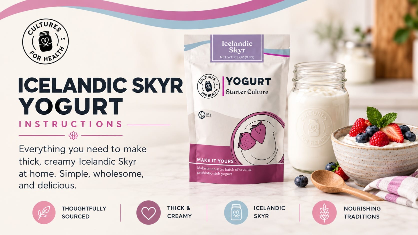 Icelandic Skyr yogurt instructions, Cultures for Health starter pouch with a jar and bowl of Skyr