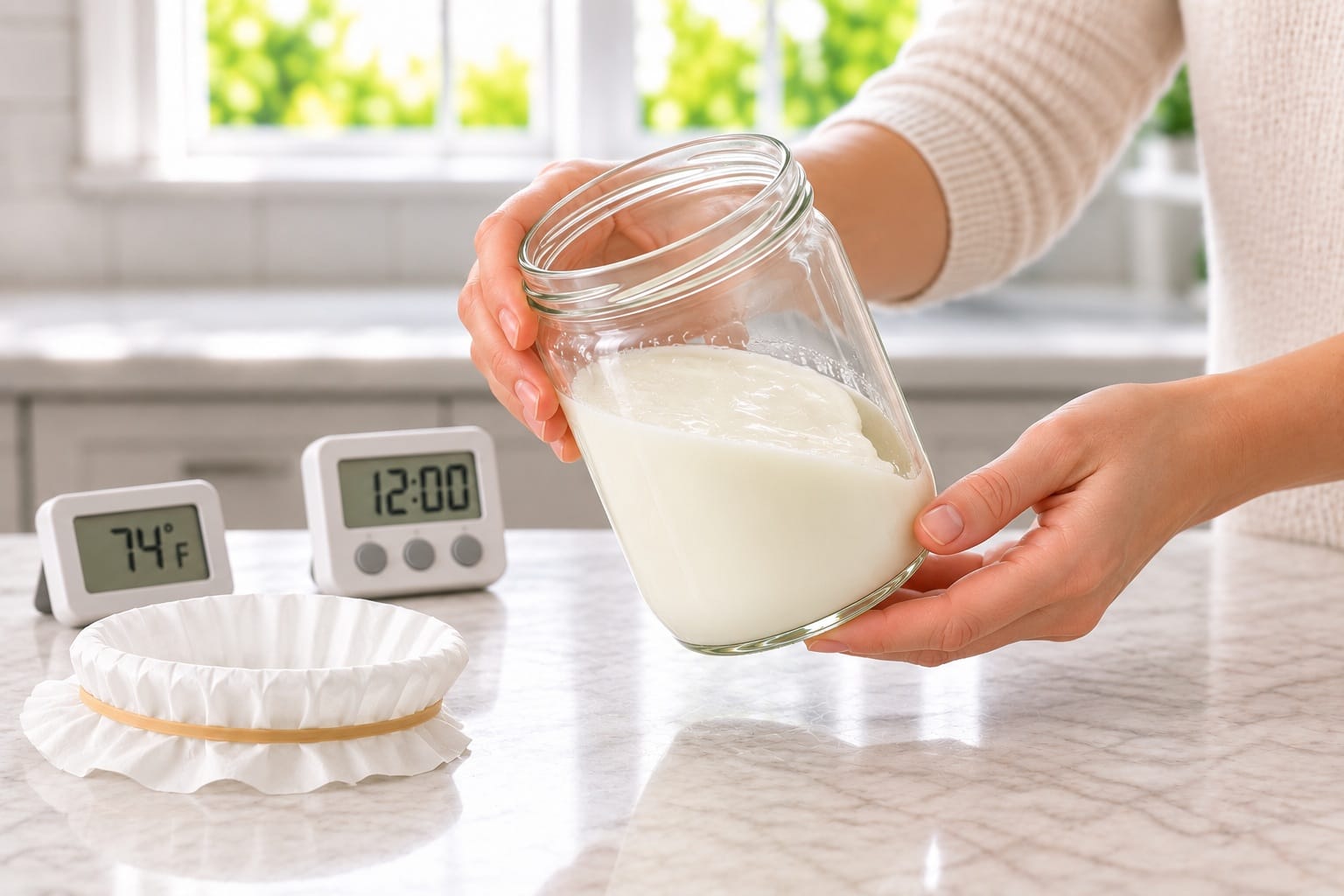 Tilting the jar to check whether the activation yogurt has set