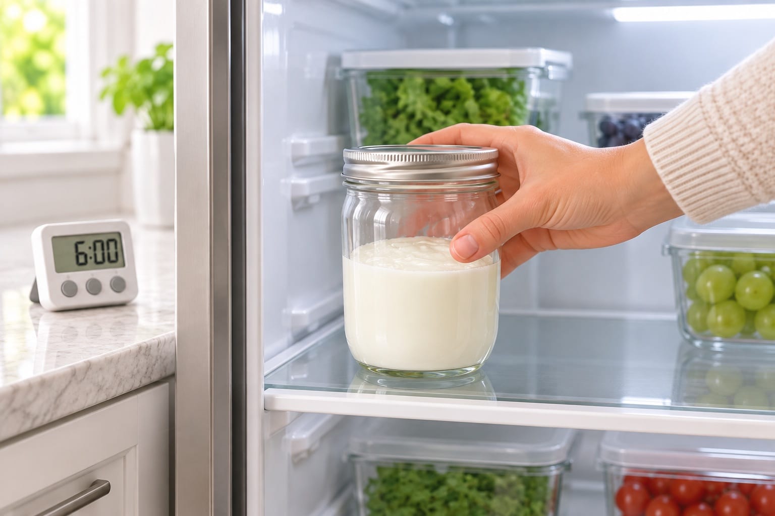 Placing the tightly lidded Skyr jar in the refrigerator for at least 6 hours