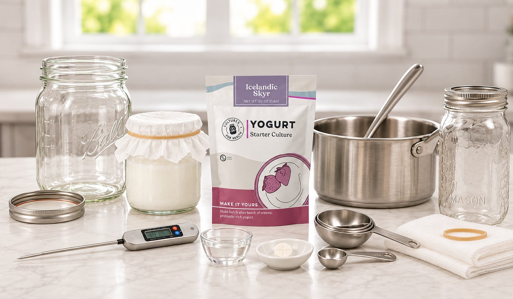 Skyr starter culture with glass jars, cloth, thermometer, saucepan, measuring utensils and rennet
