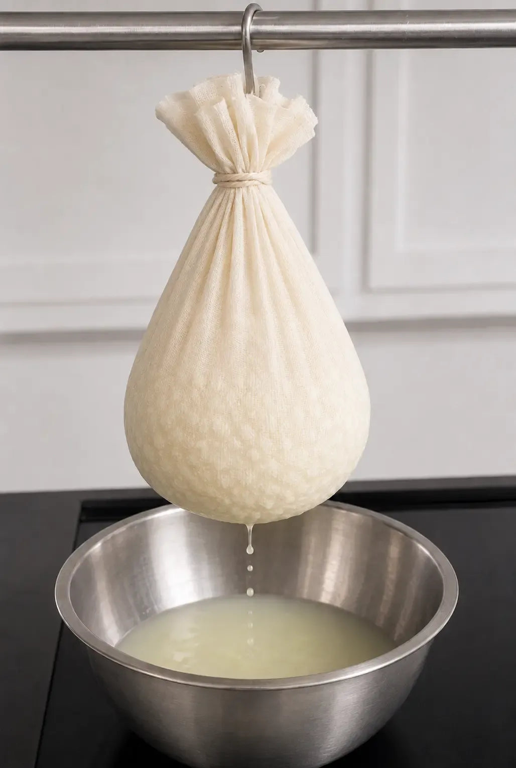 Ricotta draining in tied butter muslin