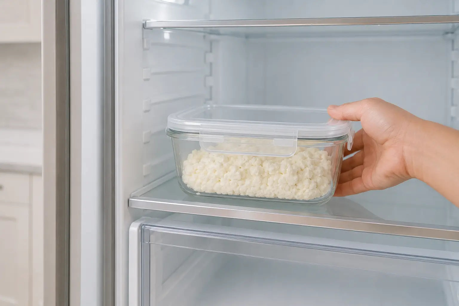 Covered Ricotta stored in a refrigerator