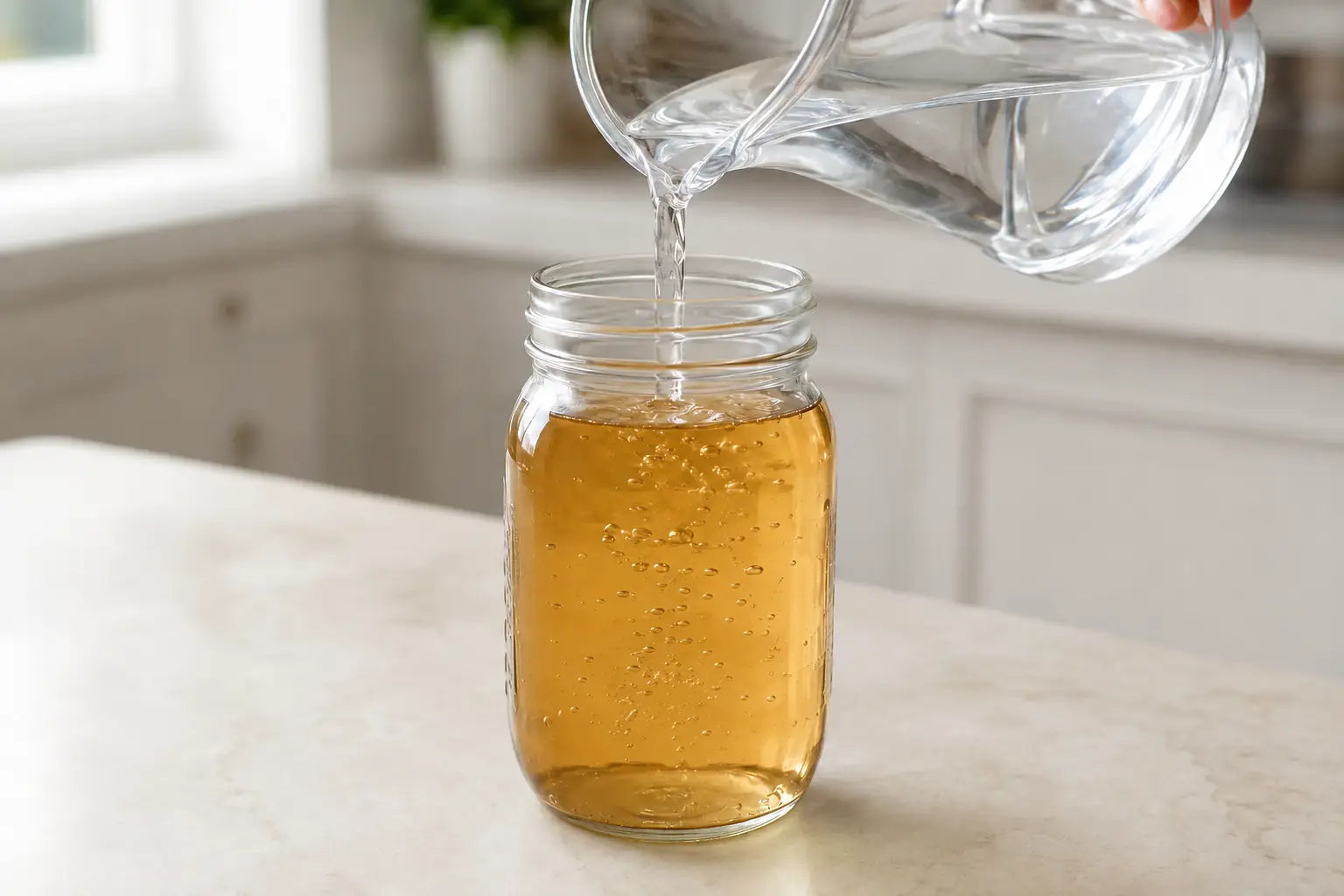 Cool water being poured into an amber jar of prepared turbinado sugar-and-molasses water