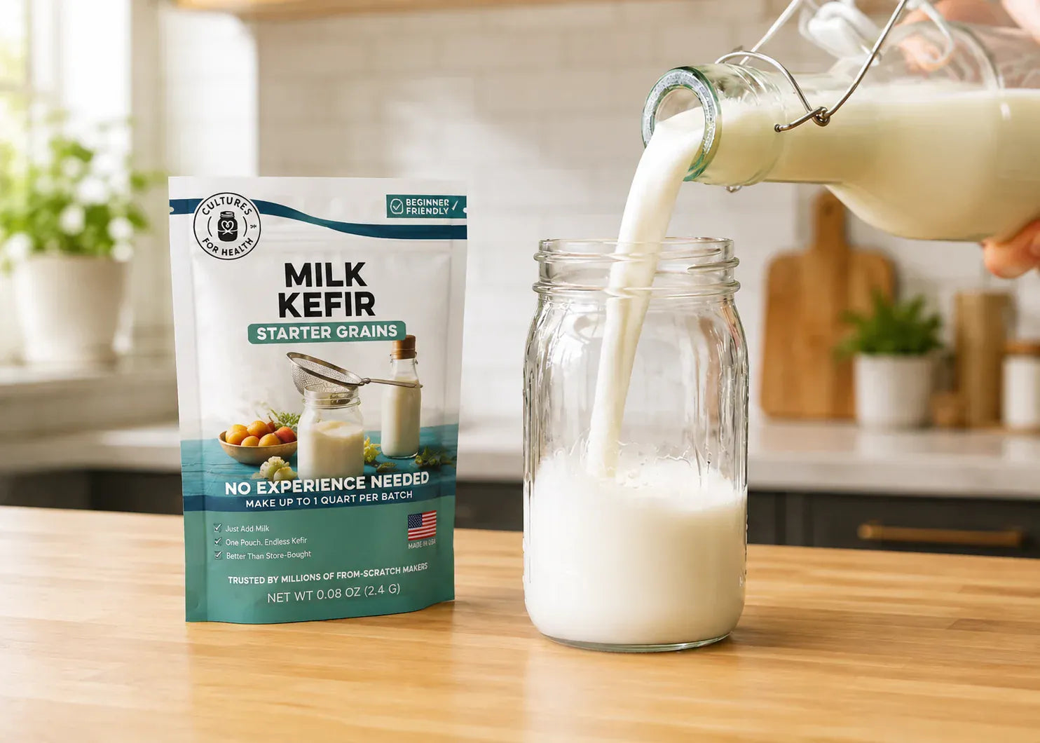 Dehydrated milk kefir grains being stirred into a glass jar of fresh cold milk