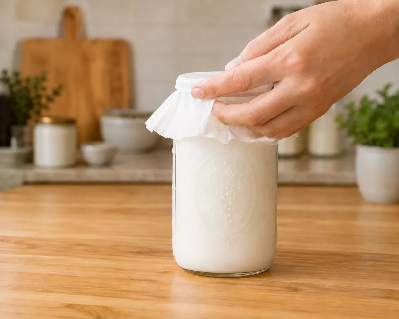 Glass jar of milk covered with a coffee filter and rubber band culturing on a counter