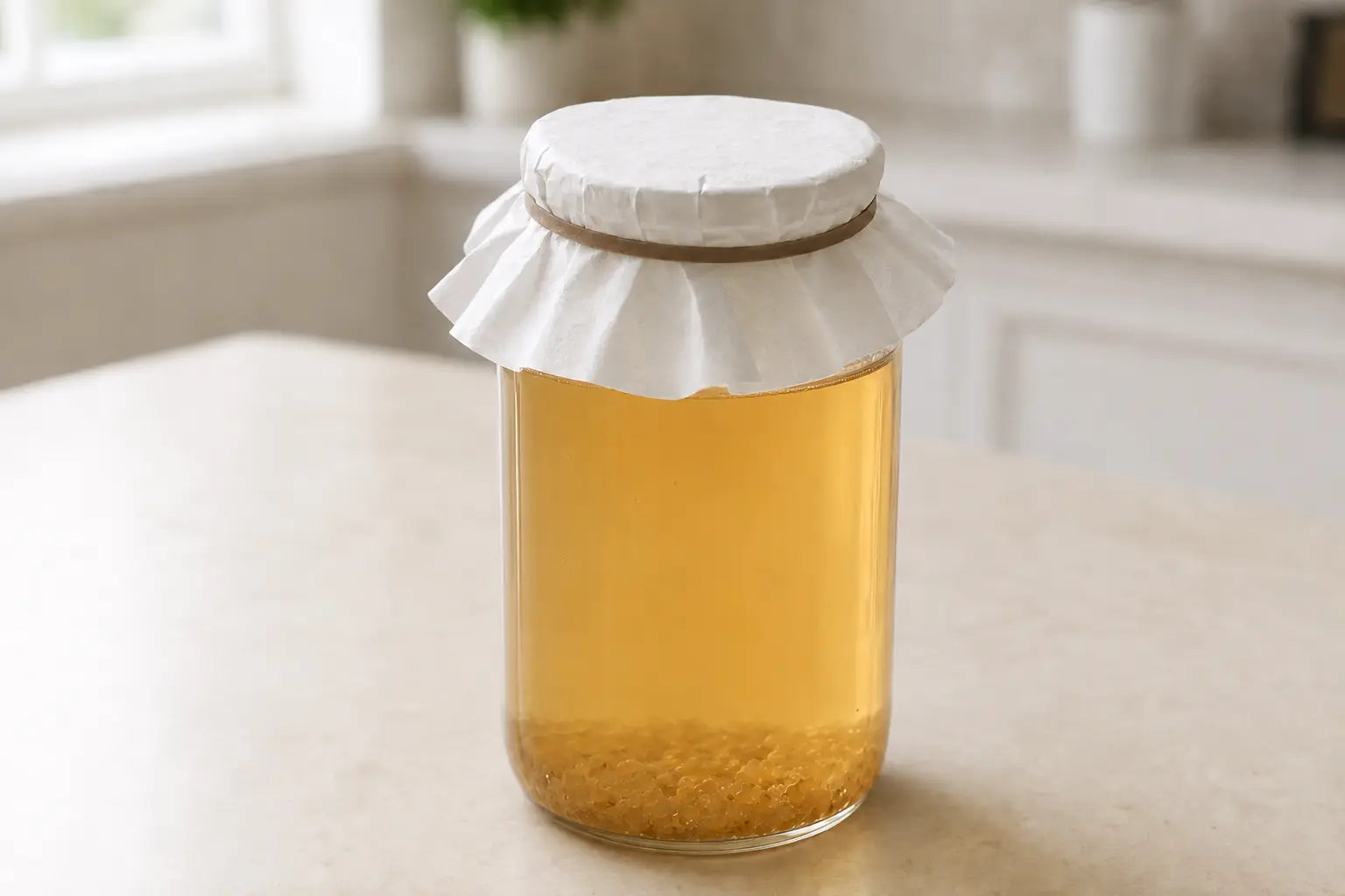 Glass jar of amber-tinted water kefir grains rehydrating under a coffee filter secured with a rubber band
