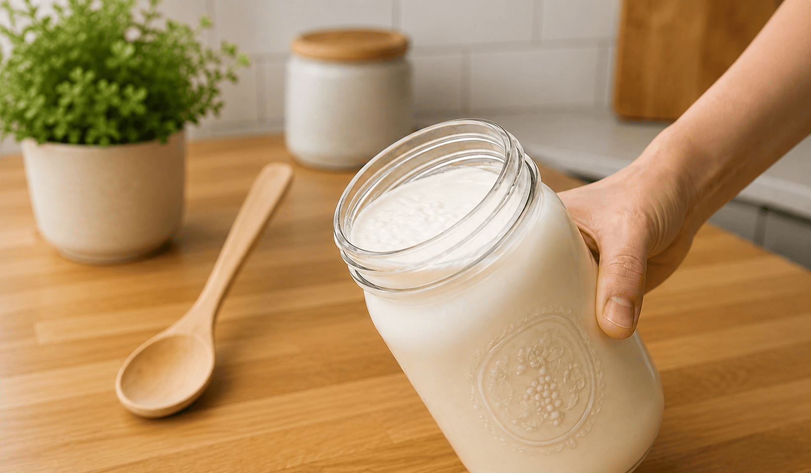 Milk kefir grains being strained through a plastic mesh strainer into fresh milk