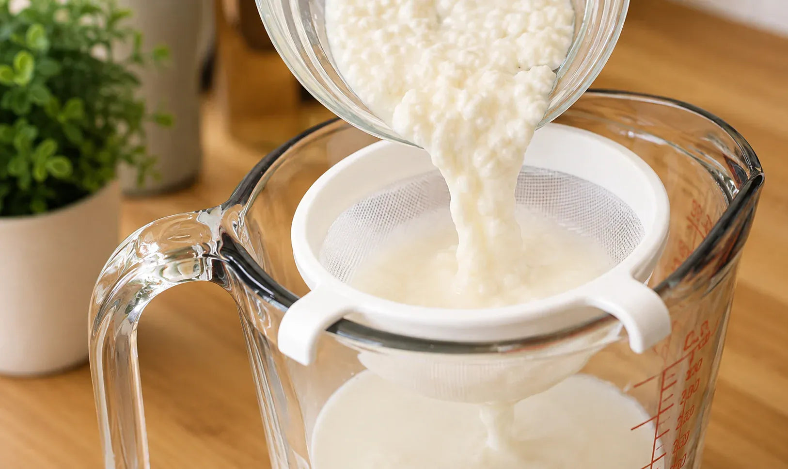 A full quart jar of thickened milk kefir with active grains ready to strain