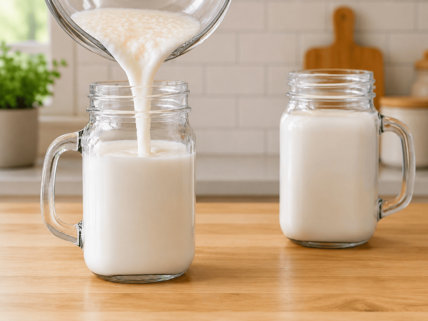 Activated milk kefir grains being added to a quart jar of fresh milk