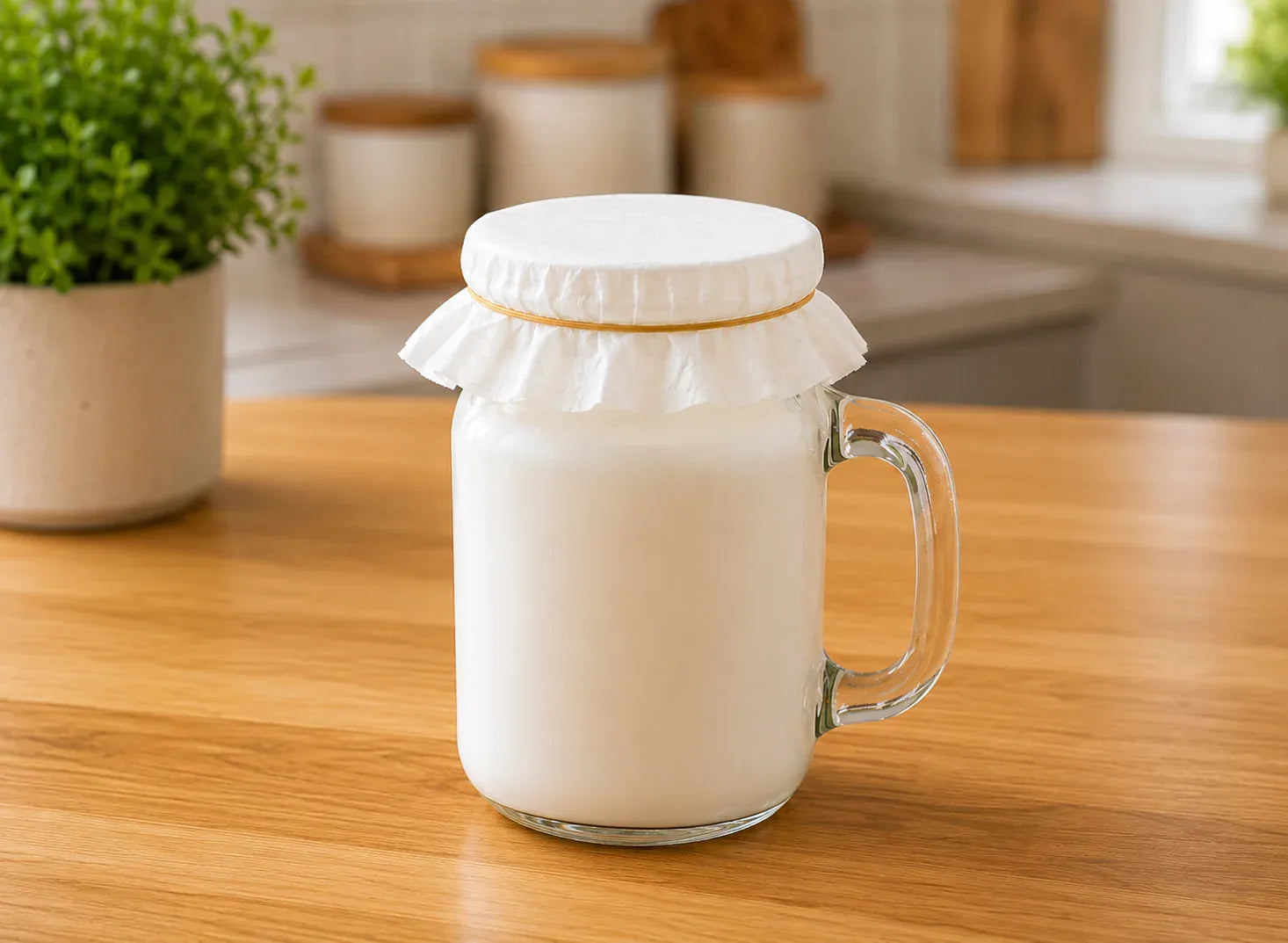 Covered jar of milk kefir culturing at room temperature