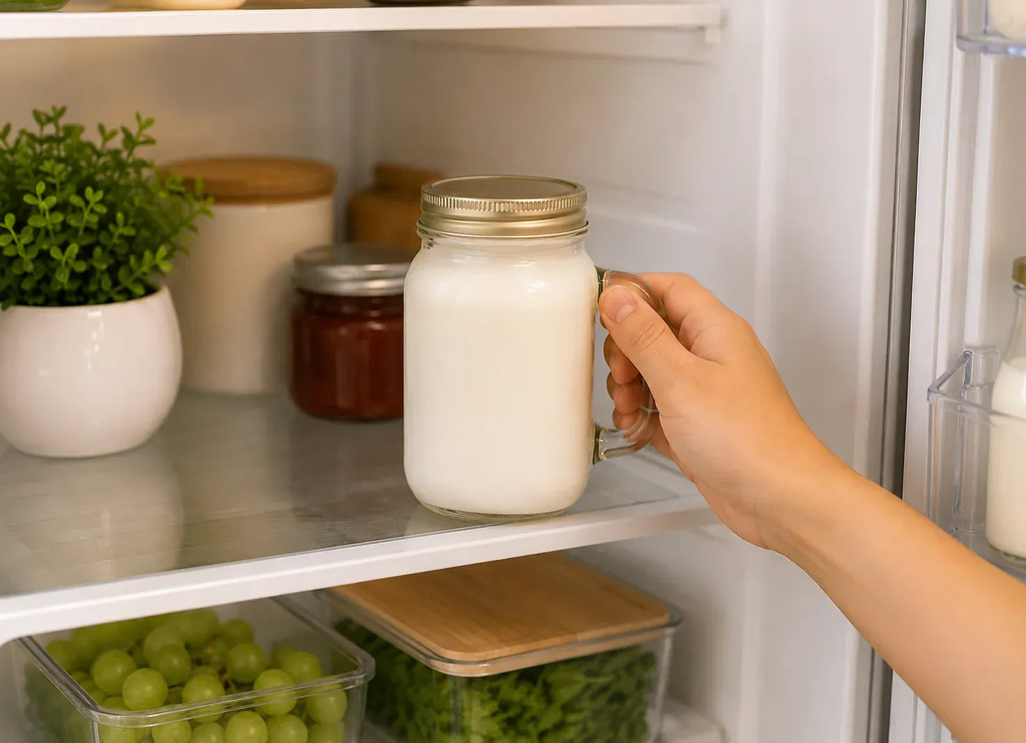 A sealed jar of finished milk kefir being placed in the refrigerator to store