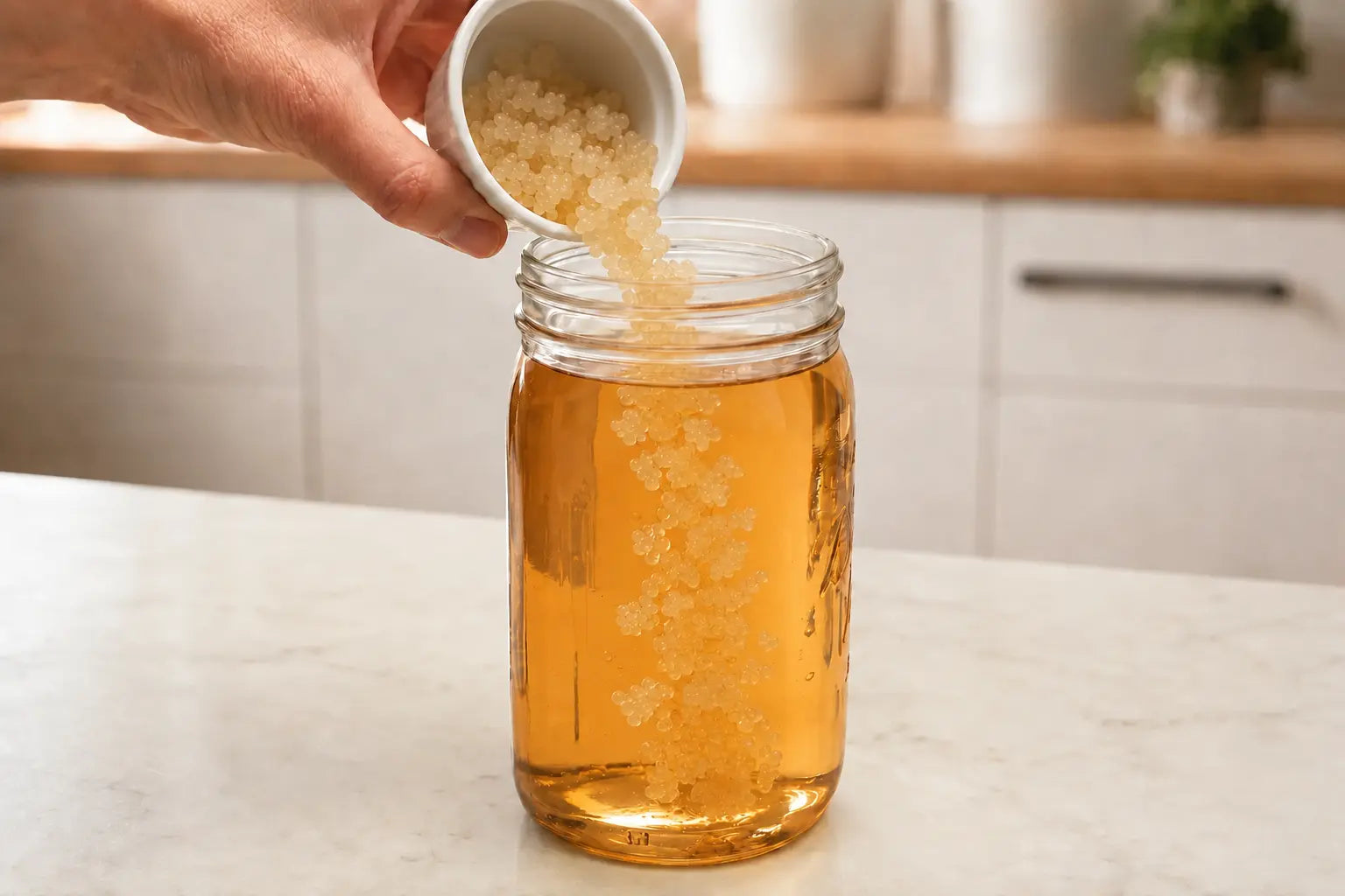 Activated water kefir grains being added to fresh sugar water