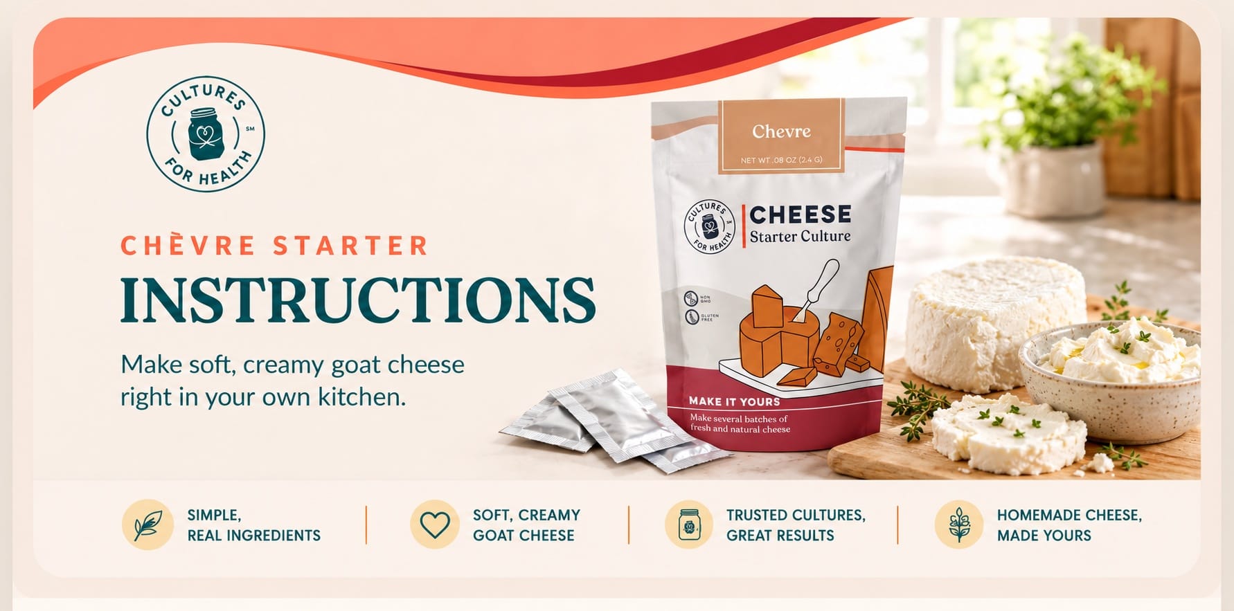 Chèvre Starter Culture instructions with starter pouch and fresh goat cheese