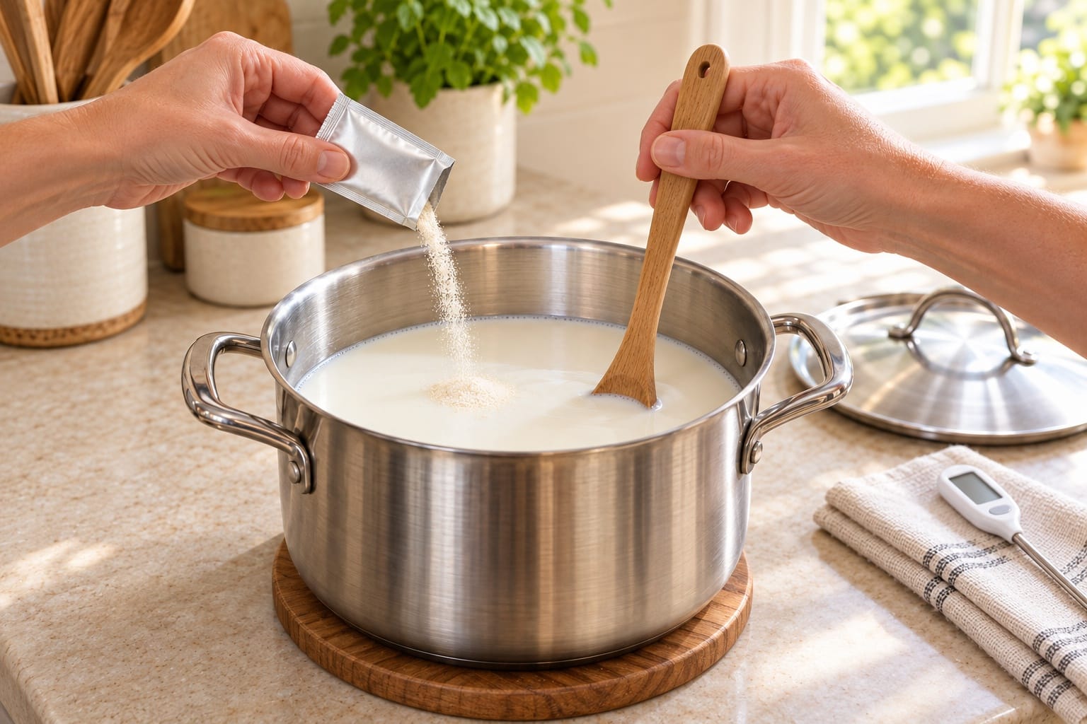 One small starter packet pouring into warm milk with a wooden spoon positioned vertically