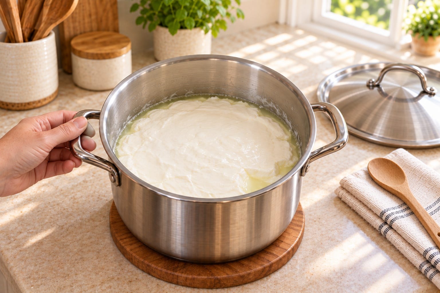 Soft set chèvre curd with pale yellow whey separated around the edges