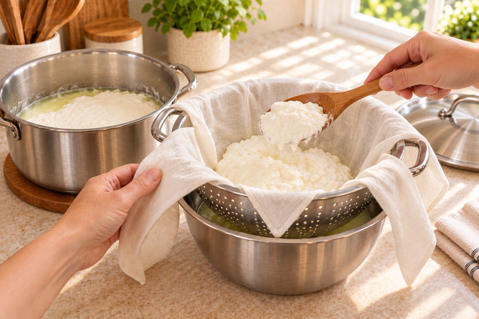 Curds gently spooned into butter muslin lining a colander over a collecting bowl