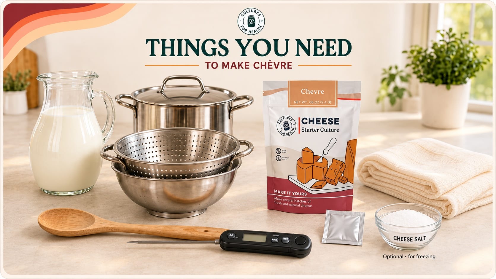 Milk, Chèvre Starter Culture, lidded stainless pot, wooden spoon, thermometer, butter muslin, colander and bowl