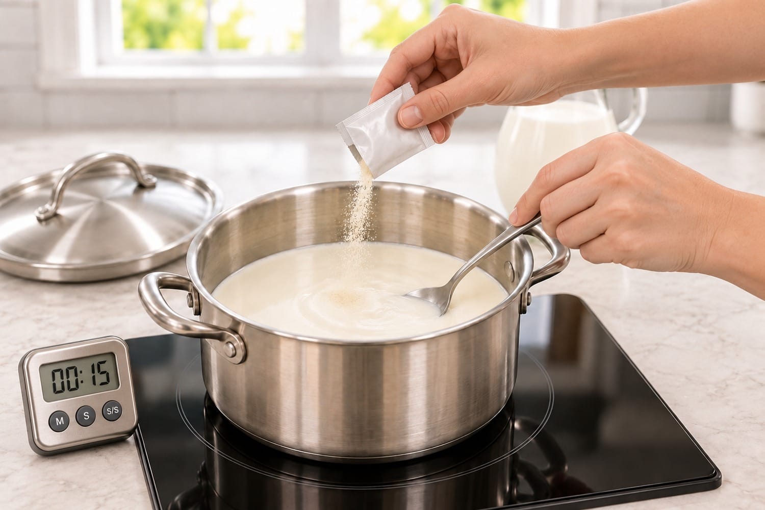 Add one starter sachet and stir for no longer than 15 seconds