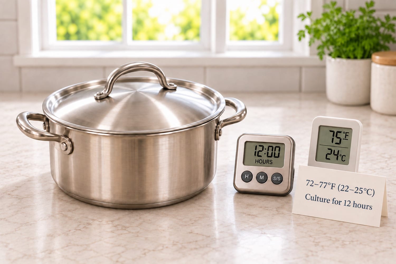Covered pot culturing at 72–77°F (22–25°C) for 12 hours