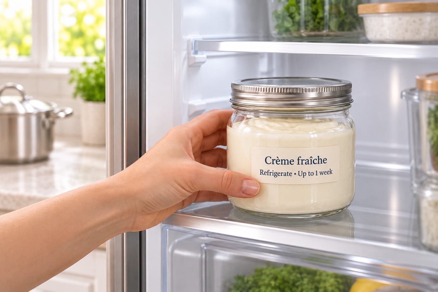 Closed crème fraîche jar placed in refrigerator for up to one week
