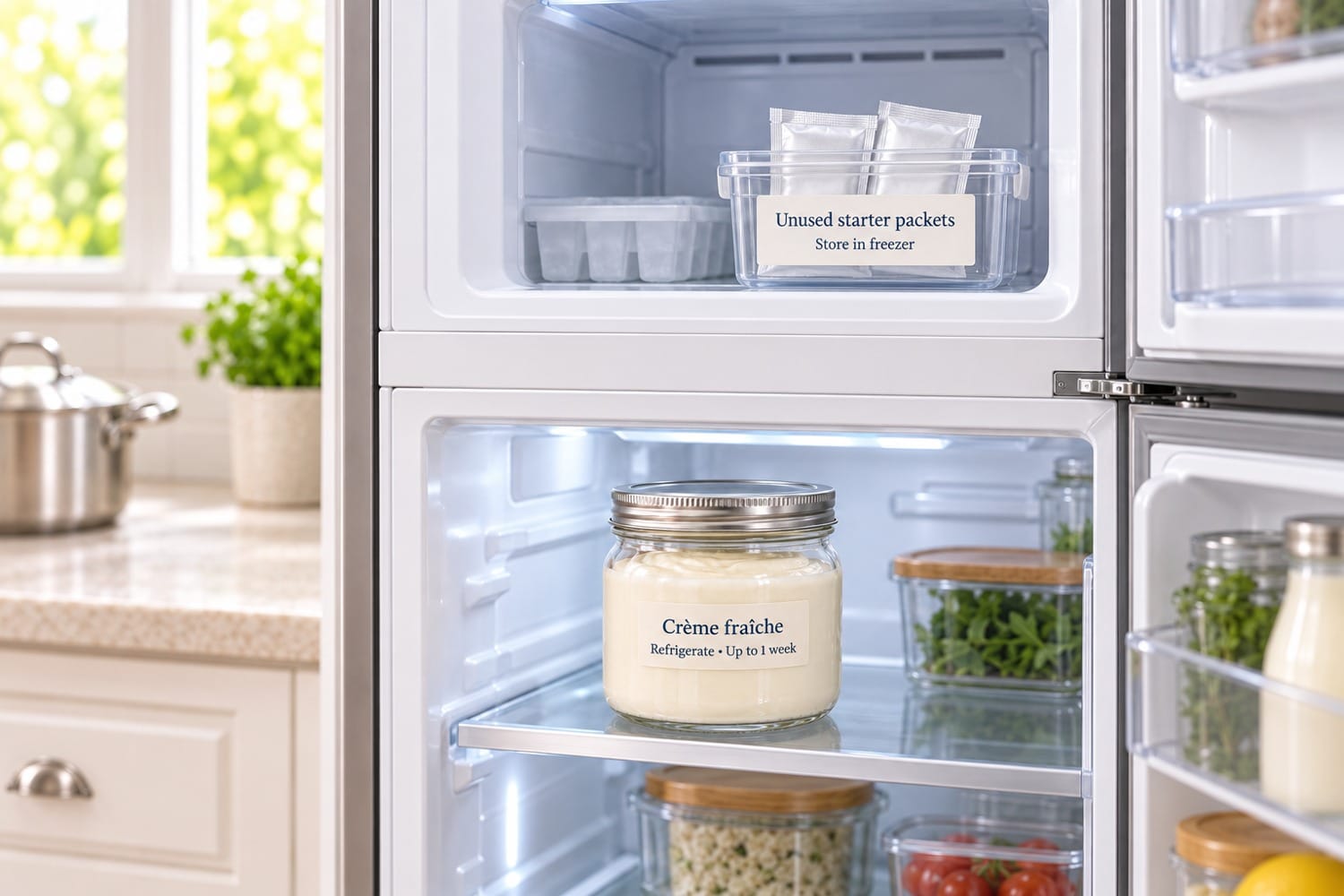 Finished crème fraîche in refrigerator and unused starter packets in freezer