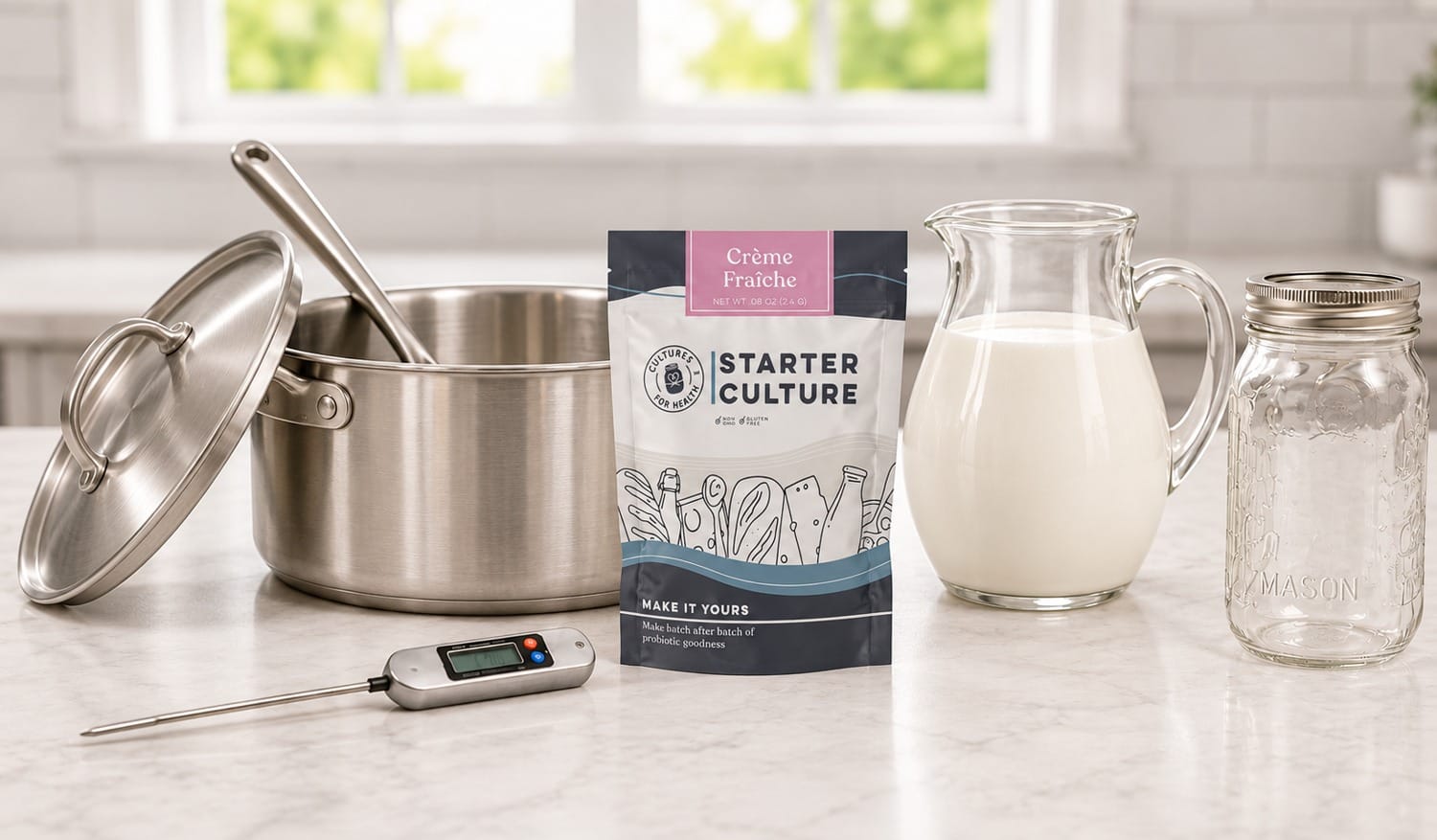 Crème fraîche starter, cream, stainless steel pot and lid, mixing utensil, thermometer, and storage jar