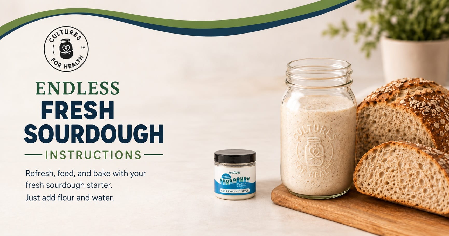 Endless Fresh Sourdough Starter jar with bubbly starter and bread