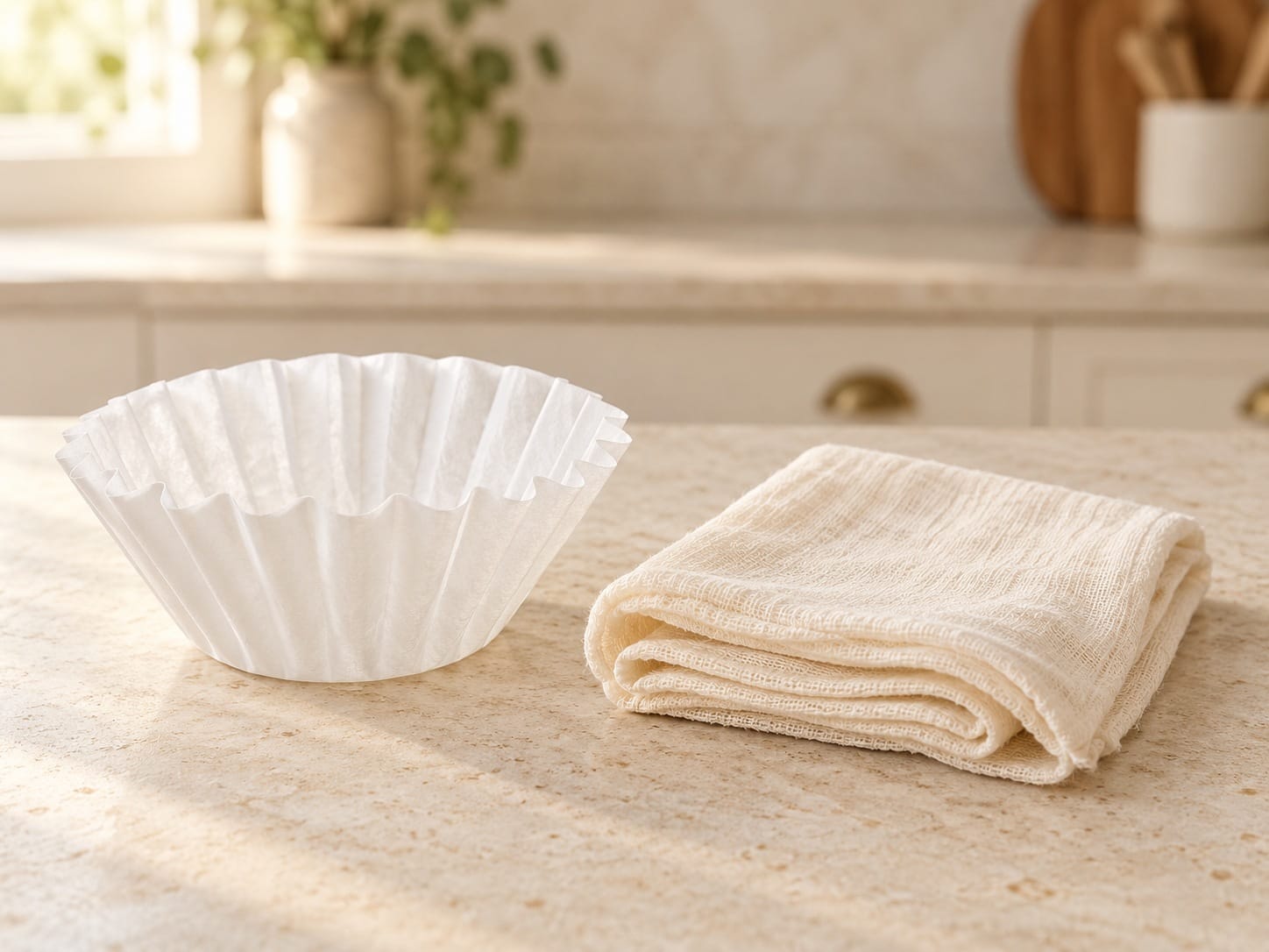 Coffee filter and folded butter muslin for covering the starter
